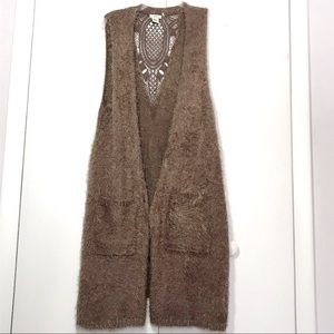 Escio Taupe Duster Sweater Vest Lace Inlay Pockets NWOT